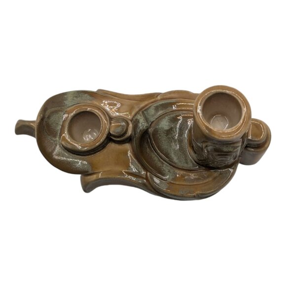 Vintage Ceramic Dual Taper Candle Holder Green Brown Double Candlestick - Picture 2 of 10